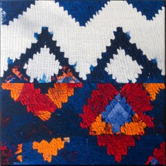 Abstract textile collage, vibrant colors, geometric patterns
