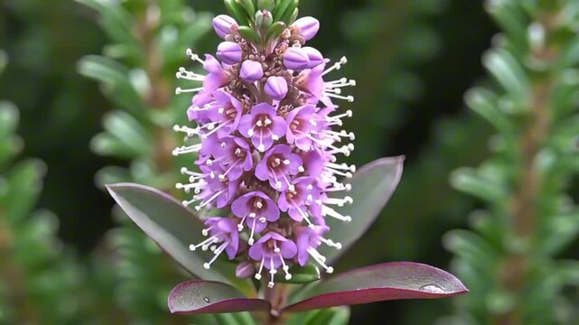 Gentle zoom in on purple hebe flower blooming against green background in nature light