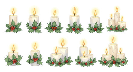 Illustration of christmas candles decorated with holly and red berries