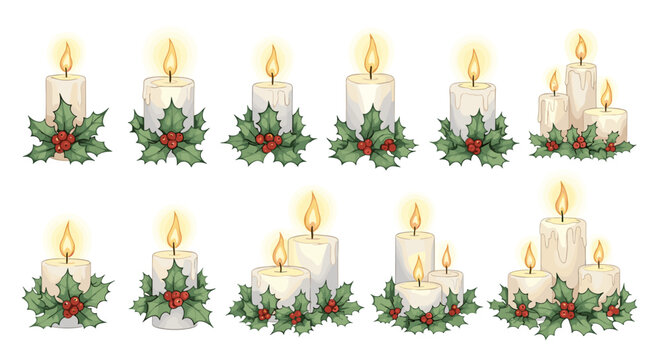 Illustration of christmas candles decorated with holly and red berries