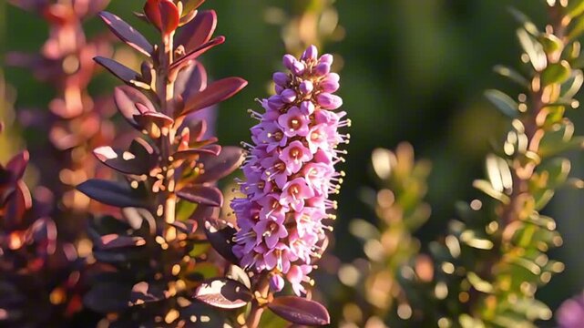 Gentle focus on pink hebe flower blooming in green garden setting during the day
