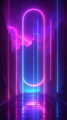 Neon oval portal in a futuristic landscape