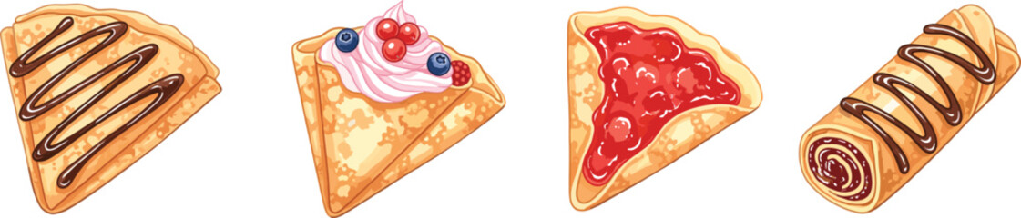 Crepes with chocolate sauce, berries, jam filling, rolled and folded styles, sweet dessert food, flat design, vector art, CAD drawing breakfast illustration
