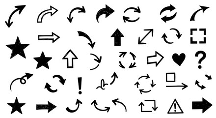Fototapeta premium Collection of hand drawn black arrows and symbols on a white background