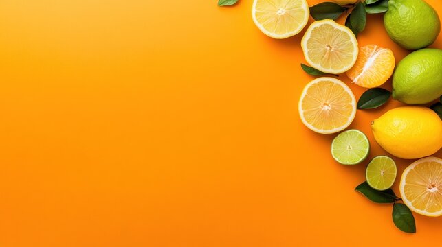 Fresh citrus fruits on orange background