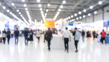 Blurry indoor exhibition hall, many people walking