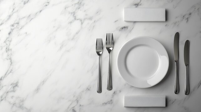 Minimalist table setting with empty plate on marble