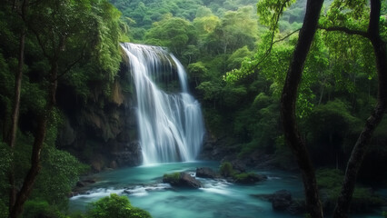 Obraz premium Fresh waterfall cascades over rocks in a lush forest, surrounded by green trees and blue water, perfect for nature and travel.