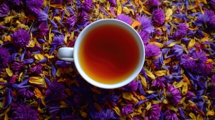 Steaming Cup of Tea on Purple Flower Petals