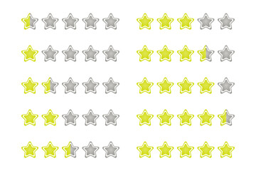 Set of 10 Fancy Yellow Gradient with White Border Rating Star icon for Game from 0,5 to 5 Stars. High Quality Editable Icon Vector