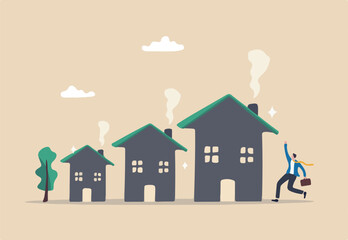House price rising, value increase graph for real estate, housing or property investment, sales and market price, rent or mortgage interest cost concept, businessman owner with arrow rising houses