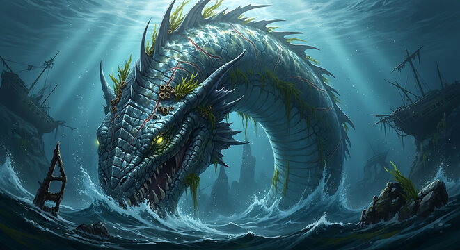 Sea serpent emerges from the deep ocean wreckage