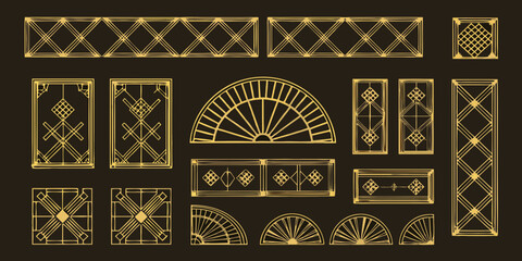 Collection of art deco geometric patterns and decorative elements in gold on a dark background