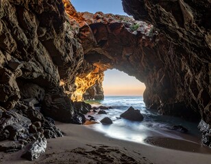 Coastal cave archway at sunrise