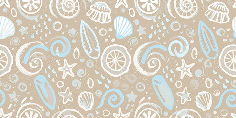 Hand drawn seamless pattern with surfboards seashells starfish and waves in pastel colors on beige background