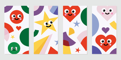 Playful geometric shapes and cute cartoon characters in a vibrant abstract design