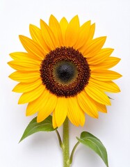 Obraz premium Bright Yellow Sunflower with Large Bloom and Natural Petals Isolated on White Background for Botanical Object, Floral Decoration and Summer Nature Concept