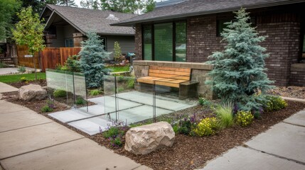 Modern Landscaping Design Featuring Glass Walls and Natural Elements at a Contemporary Home in a Serene Neighborhood