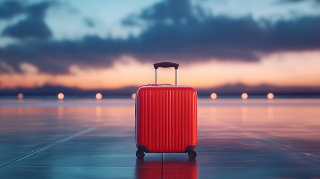 Red suitcase on floor at sunset travel concept