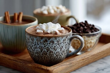 winter hot chocolate display, professional lifestyle photos showcase a festive hot chocolate setup with various toppings, served on a rustic tray in natural light