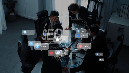 A group of professionals collaborates in a modern office, assessing social media analytics and...