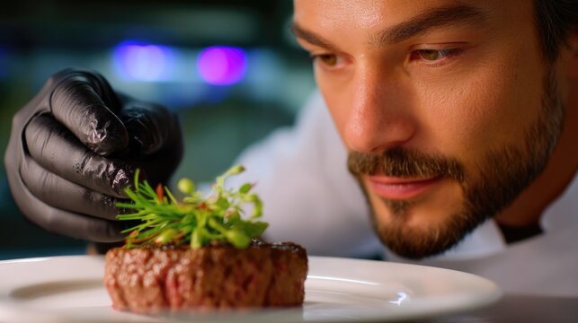 Chef inspecting steak at restaurant