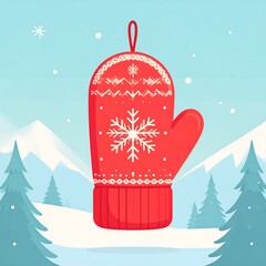 Red mitten, snowflake design, winter scene