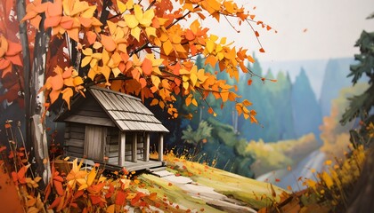 Autumnal cabin nestled in a hillside forest