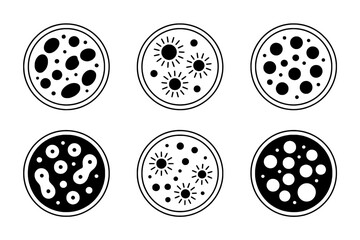 Six Petri Dish Icons: Variations in Microbial Growth – Black and White Vector Illustration