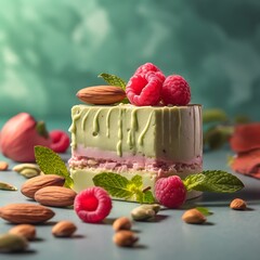 Delicious pistachio cake with raspberries and almonds a gourmet dessert perfect for food photography and culinary presentations
