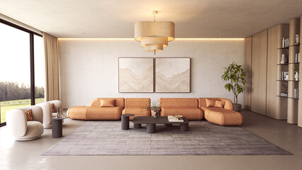 Contemporary lounge with orange sofa and large windows