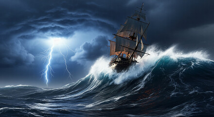 Obraz premium A realistic illustration of a tall ship navigating a giant wave during a lightning storm