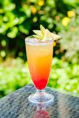 Refreshing summer cocktail in a tall glass garnished with fruit slices sitting
