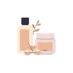 Minimalist skincare bottles and jar with botanical elements for a natural beauty aesthetic