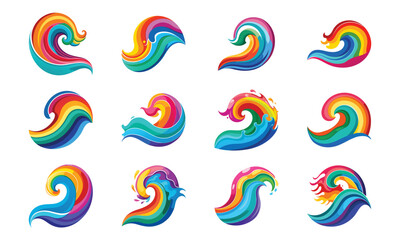 Colorful Travel and Lifestyle Vector Illustration Set – Airplane Window, Luggage, ATM, Shopping Bag, Globe, Picnic Basket, Rainbow, Gift Box, Waves, Tower, Mountain, and Cloud Icons on White Backgrou