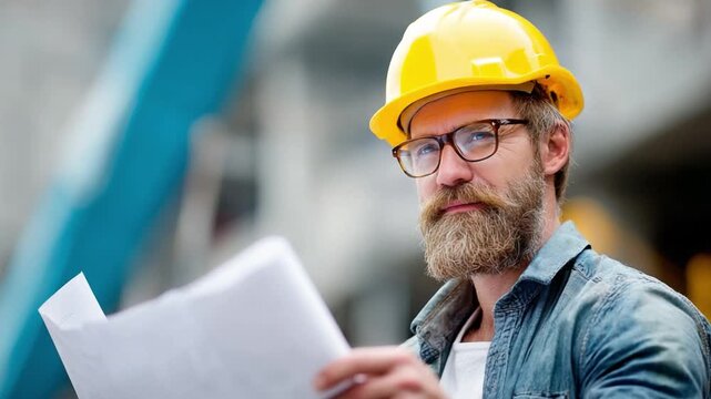 Construction Site Foreman: A focused construction site foreman, wearing a yellow hard hat, thoughtfully examines blueprints amidst the backdrop of an active construction site.