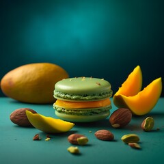 Mango flavored macaron with fresh mango slices and almonds a vibrant and colorful dessert still life perfect for food blogs and culinary promotions