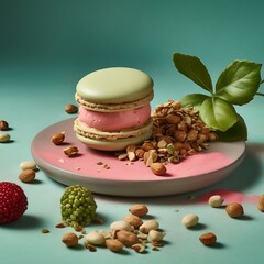 Elegant pistachio macaron with pink filling served on a plate with nuts and green leaves perfect for dessert menus and culinary presentations