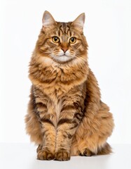 Fototapeta premium Cute Domestic Cat with Soft Fur Sitting and Looking Curious Isolated on White Background for Animal Object, Pet Concept and Feline Nature Photography