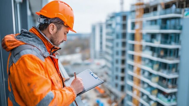 Construction Inspector in Action: A construction inspector, clad in an orange safety jacket and helmet, diligently reviews blueprints on a construction site.