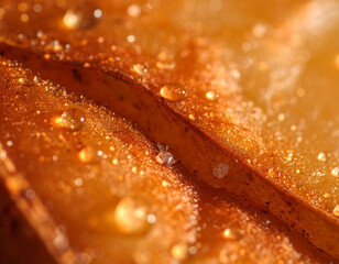 Macro Shot of a Wet, Textured, Golden-Brown Surface with Water Droplets and Fine Particles