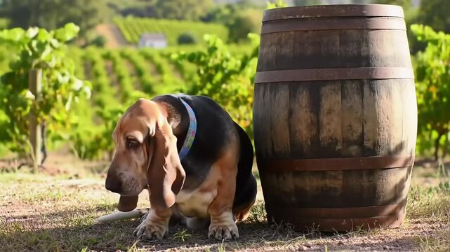 Basset hound beside wine barrel vineyard