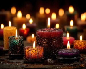Multiple candles glowing in soft, warm light, evoking remembrance and peace
