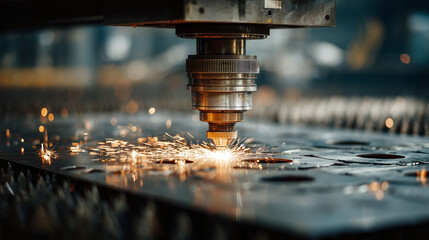 laser cutting machine sparks flying while processing metal sheets modern fabrication engineering craftsmanship industrial detail advanced technology process and automation workshop