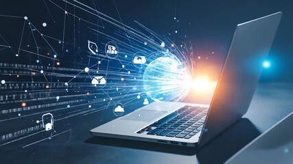 Visualizing global connectivity and digital technology through a laptop interface - Powered by Adobe