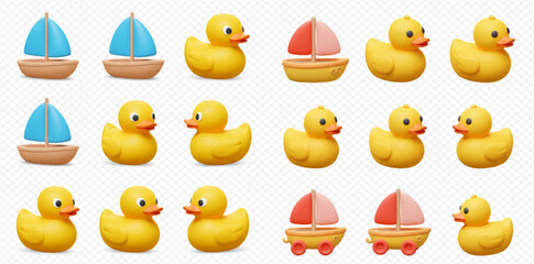 Repeating pattern of yellow rubber ducks and toy sailboats on a transparent background.