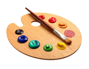 Wooden art palette with blobs of paint and a brushes on white background