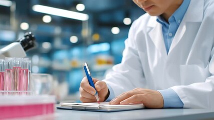 A scientist examines telomere repair enzymes in a biochemistry lab with pipettes dispensing test tubes chilling a centrifuge spinning and a notebook logging results depicted - Powered by Adobe