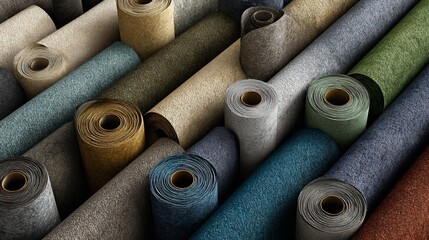 Rolls of textile fabric stacked, various earthy colors and textures