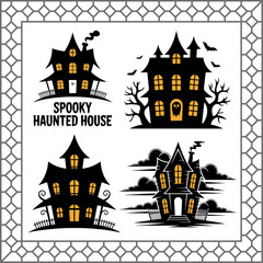 Spooky Haunted House Illustrations with Bats and Clouds Halloween Themed Vector Graphics for Creepy and Fun Designs